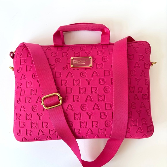 Marc By Marc Jacobs Handbags - Marc by Marc Jacobs Jumbled Logo Neoprene Laptop Bag Hot Pink Gold Hardware